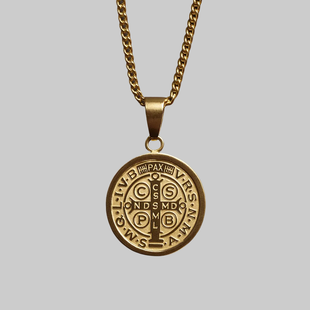 St. Benedict Medal Necklace 14K Gold Plated Larger Pendant for Men St. Benedict Medal Necklace 14K Gold Plated Larger Pendant for Men