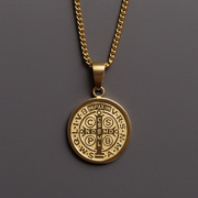 St. Benedict Medal Necklace 14K Gold Plated Larger Pendant for Men