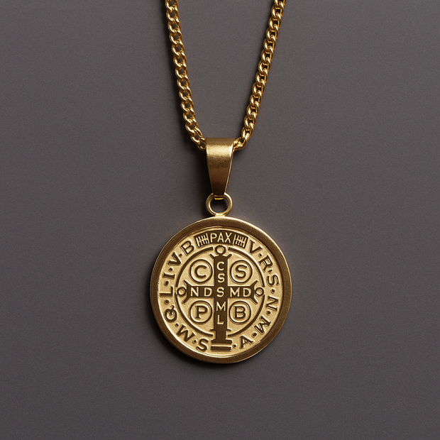 St. Benedict Medal Necklace 14K Gold Plated Larger Pendant for Men