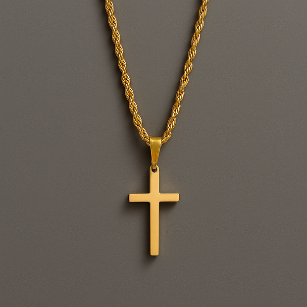 Men's 14k Gold Cross – Rope Chain Necklace