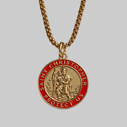 Saint Christopher Necklace for Men – Red Enamel Gold Vermeil Pendant, 24" Chain
