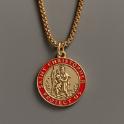 Saint Christopher Necklace for Men – Red Enamel Gold Vermeil Pendant, 24" Chain