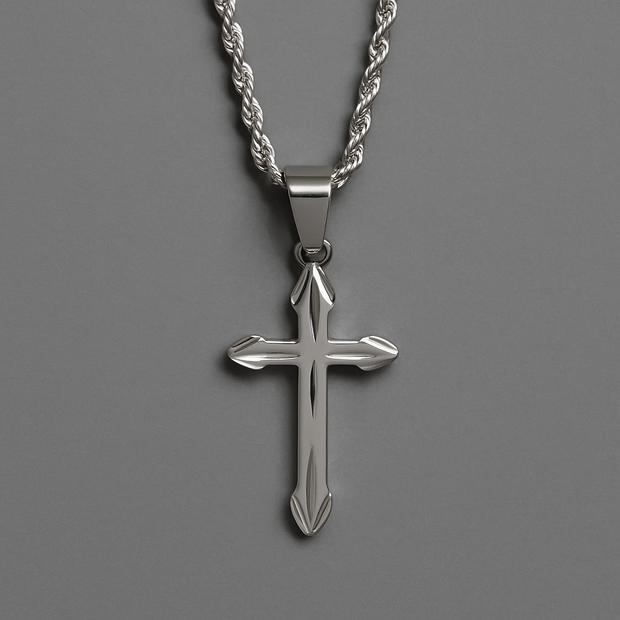 Men's Silver Cross Necklace with Rope Chain