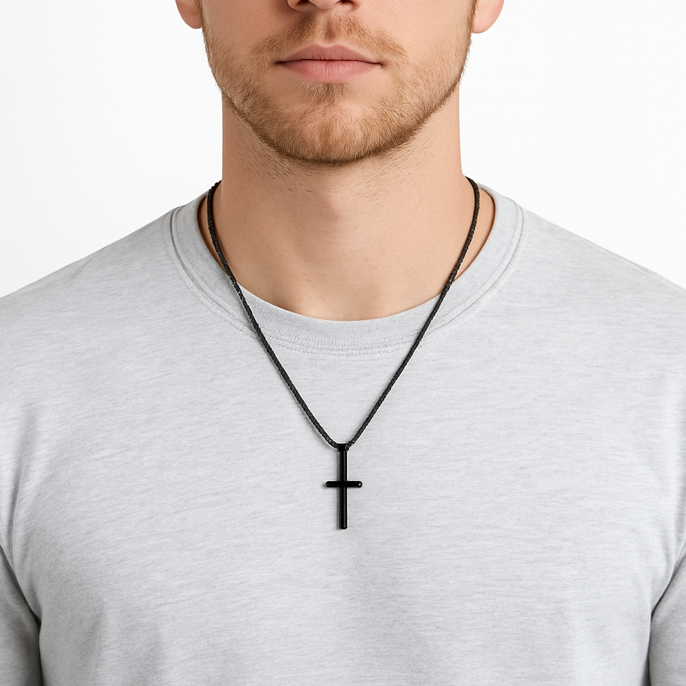 Men's Small Black Stainless Steel Cross Necklace