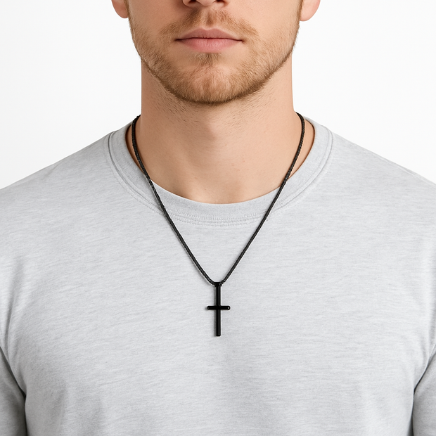 Men's Small Black Stainless Steel Cross Necklace