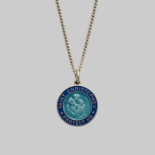 Saint Christopher Necklace for Men – 925 Sterling Silver & Blue Enamel Pendant on 24" Curb Chain