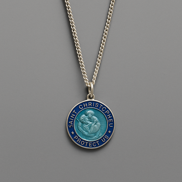 Saint Christopher Necklace for Men – 925 Sterling Silver & Blue Enamel Pendant on 24" Curb Chain