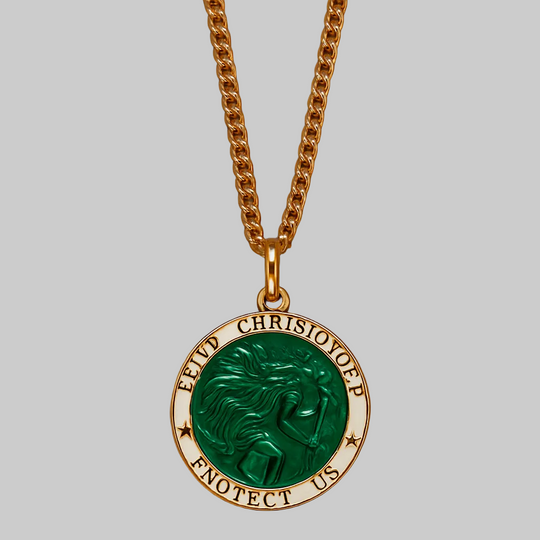 Saint Christopher Gold Vermeil Emerald Geen Necklace