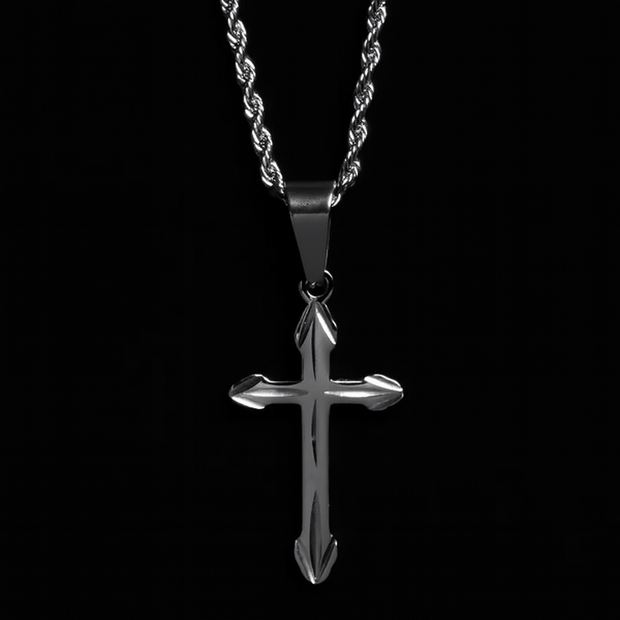 Men's Silver Cross Necklace with Rope Chain