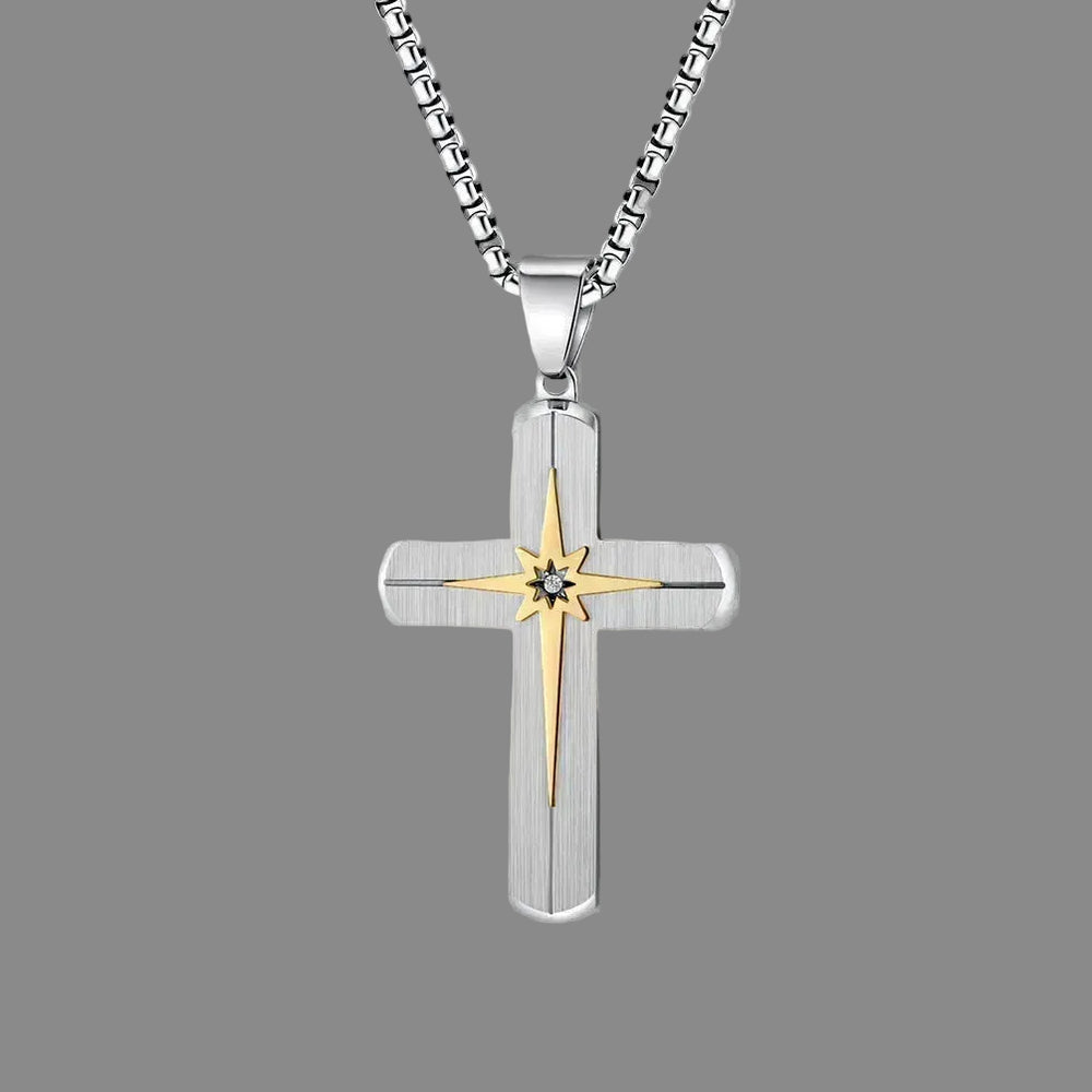 Stainless Steel CZ Cross Pendant Cuban Chain Necklace Jewelry for Men