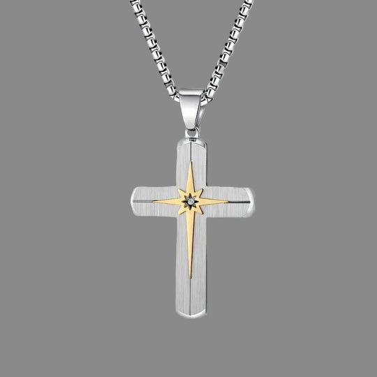 Stainless Steel CZ Cross Pendant Cuban Chain Necklace Jewelry for Men