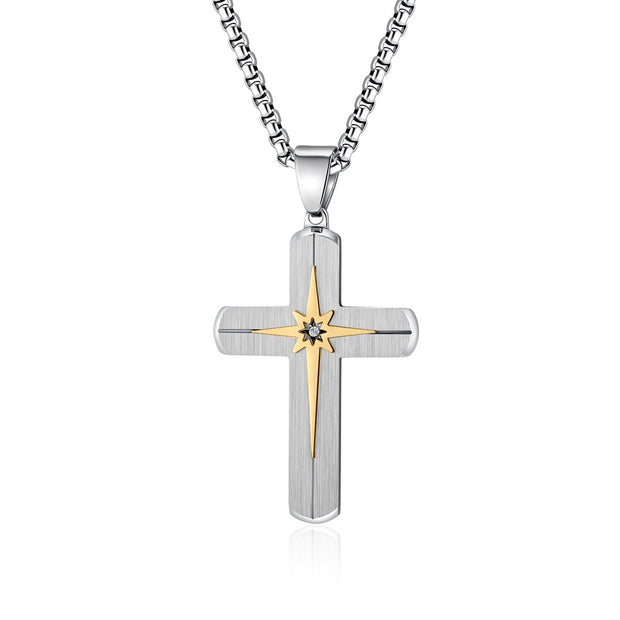 Stainless Steel CZ Cross Pendant Cuban Chain Necklace Jewelry for Men