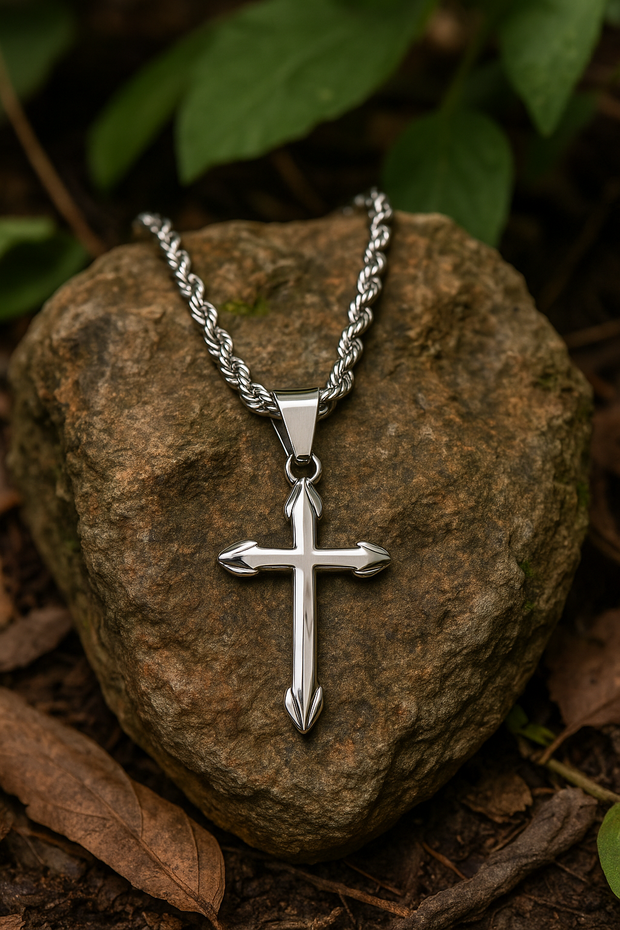 Men's Silver Cross Necklace with Rope Chain