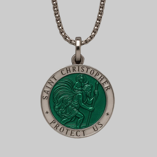 Saint Christopher Necklace for Men – Sterling Silver Pendant with Green Enamel