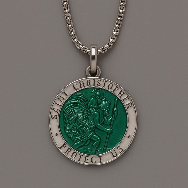 Saint Christopher Necklace for Men – Sterling Silver Pendant with Green Enamel