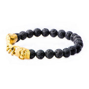 Double Head Gold IP Skull with chain in Black Lava Beaded Stretch Bracelet