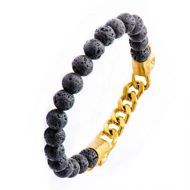 Double Head Gold IP Skull with chain in Black Lava Beaded Stretch Bracelet