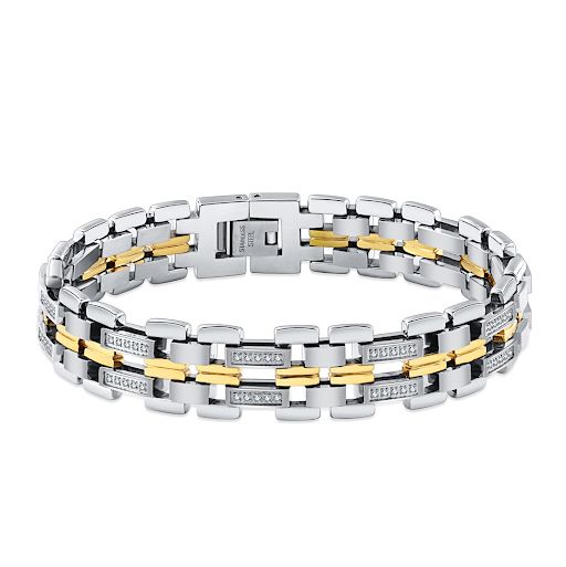 Gold IP Steel H-Link Bracelet with Prong Set Clear CZ Gems