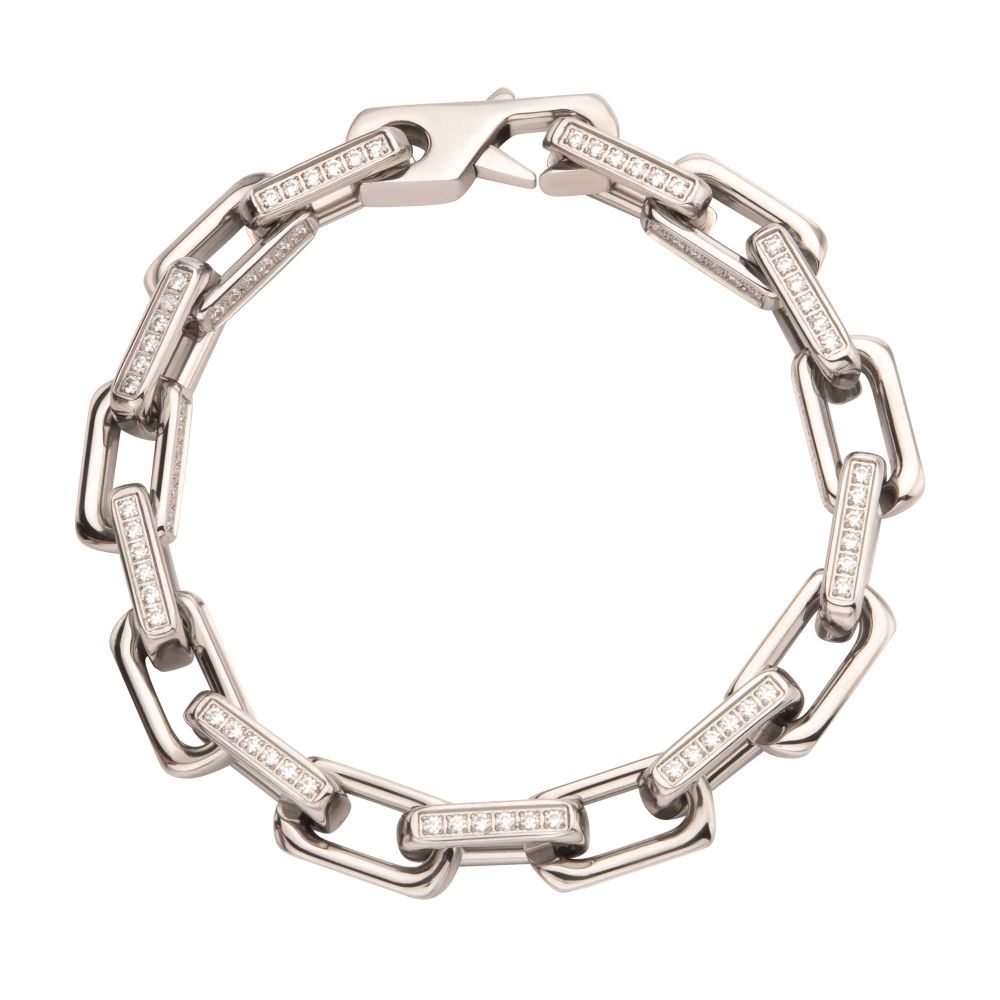 8mm Polished Stainless Steel Paperclip Chain with Clear CZ Heavy Link Bracelet