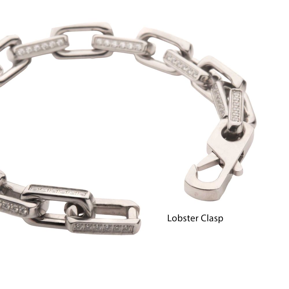 8mm Polished Stainless Steel Paperclip Chain with Clear CZ Heavy Link Bracelet