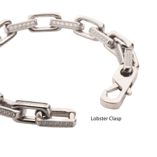 8mm Polished Stainless Steel Paperclip Chain with Clear CZ Heavy Link Bracelet