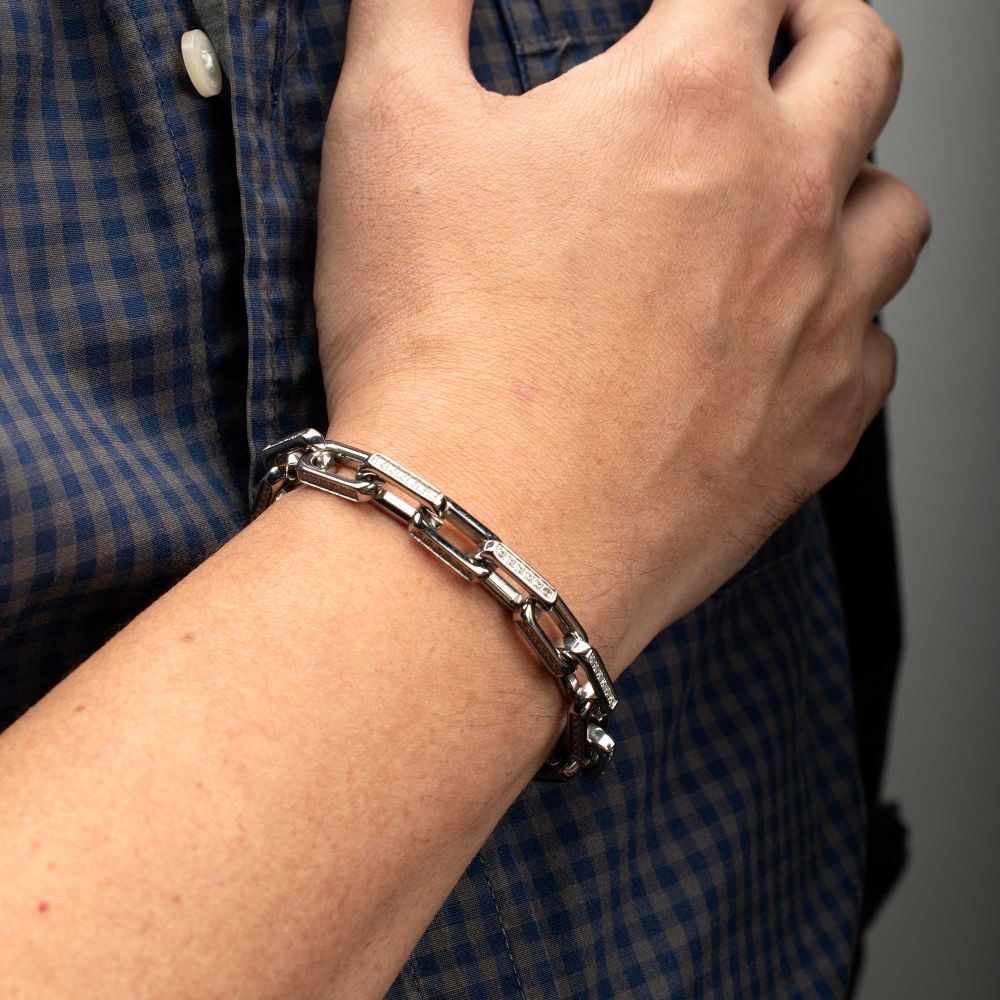 8mm Polished Stainless Steel Paperclip Chain with Clear CZ Heavy Link Bracelet