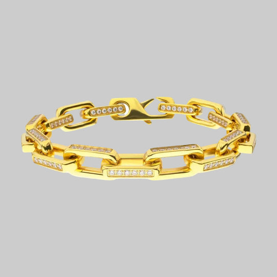 8mm Polished 18Kt Gold IP Steel Paperclip Chain with Clear CZ Heavy Link Bracelet