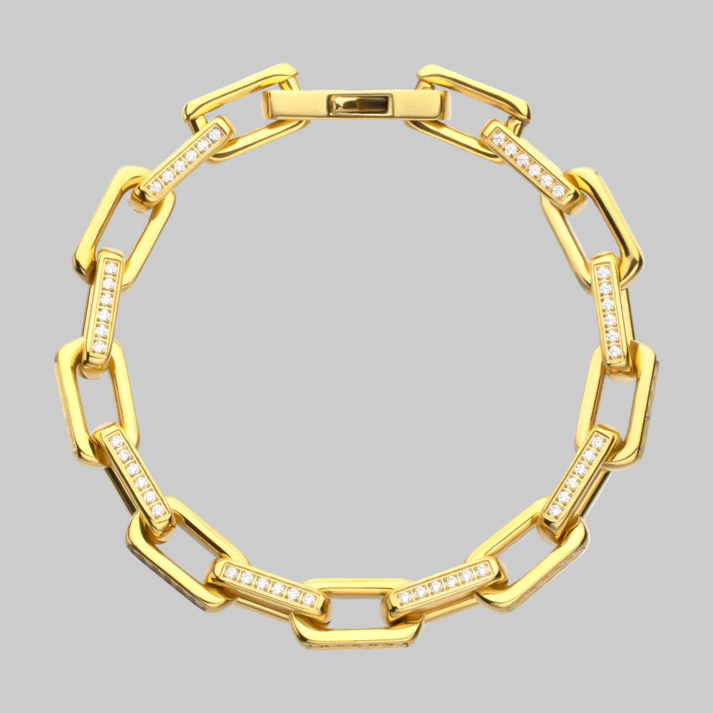8mm Polished 18Kt Gold IP Steel Paperclip Chain with Clear CZ Heavy Link Bracelet