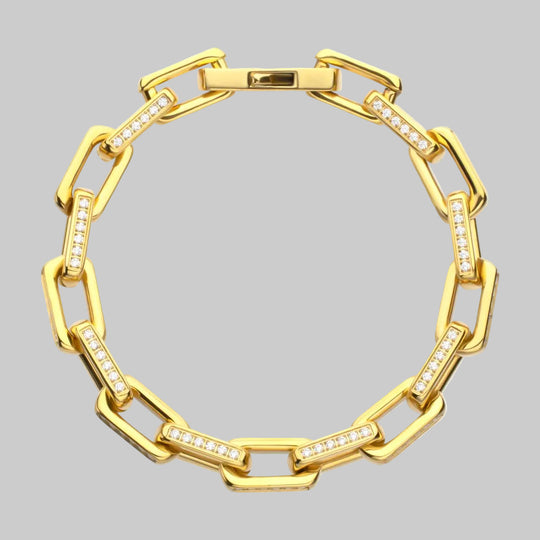8mm Polished 18Kt Gold IP Steel Paperclip Chain with Clear CZ Heavy Link Bracelet