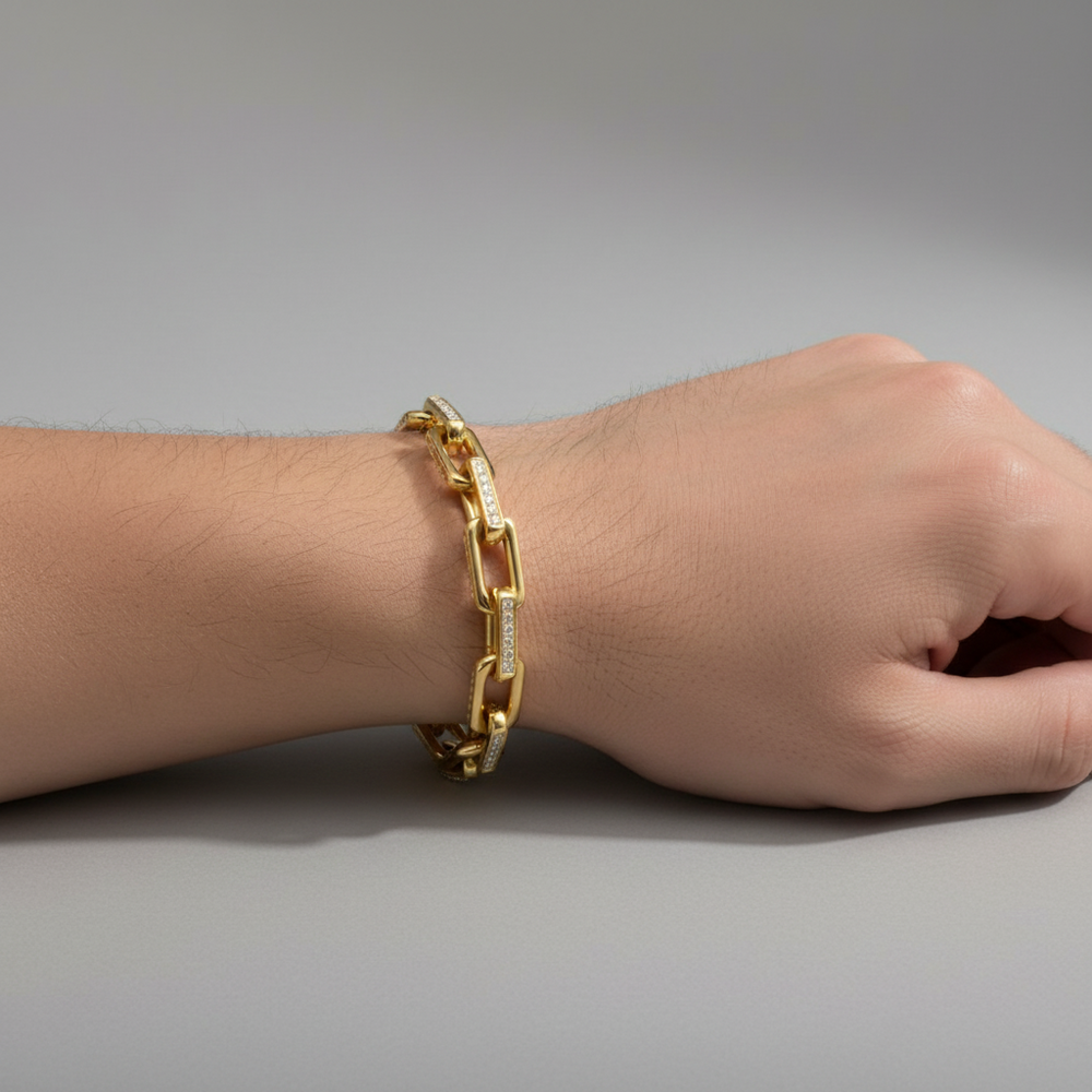 8mm Polished 18Kt Gold IP Steel Paperclip Chain with Clear CZ Heavy Link Bracelet