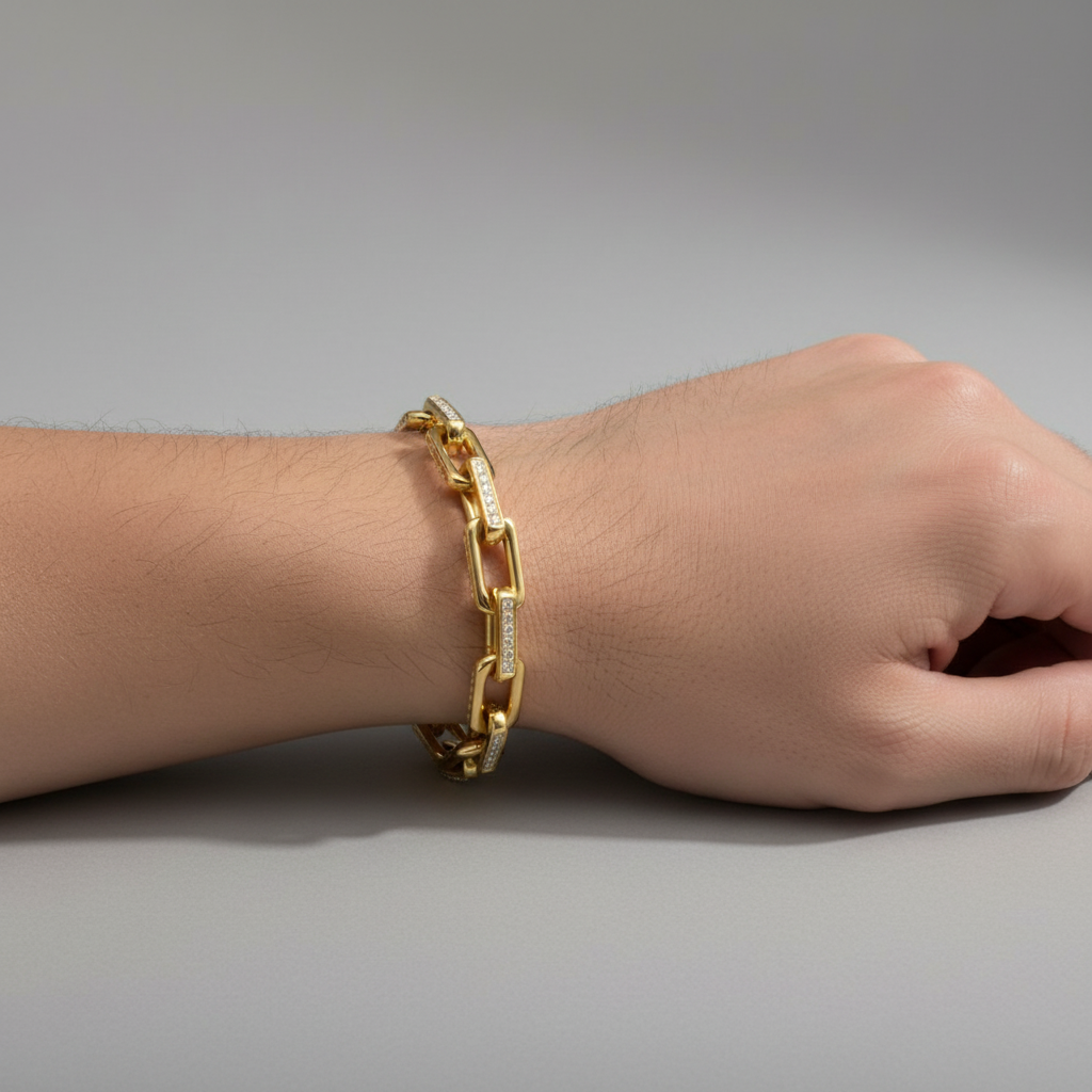 8mm Polished 18Kt Gold IP Steel Paperclip Chain with Clear CZ Heavy Link Bracelet