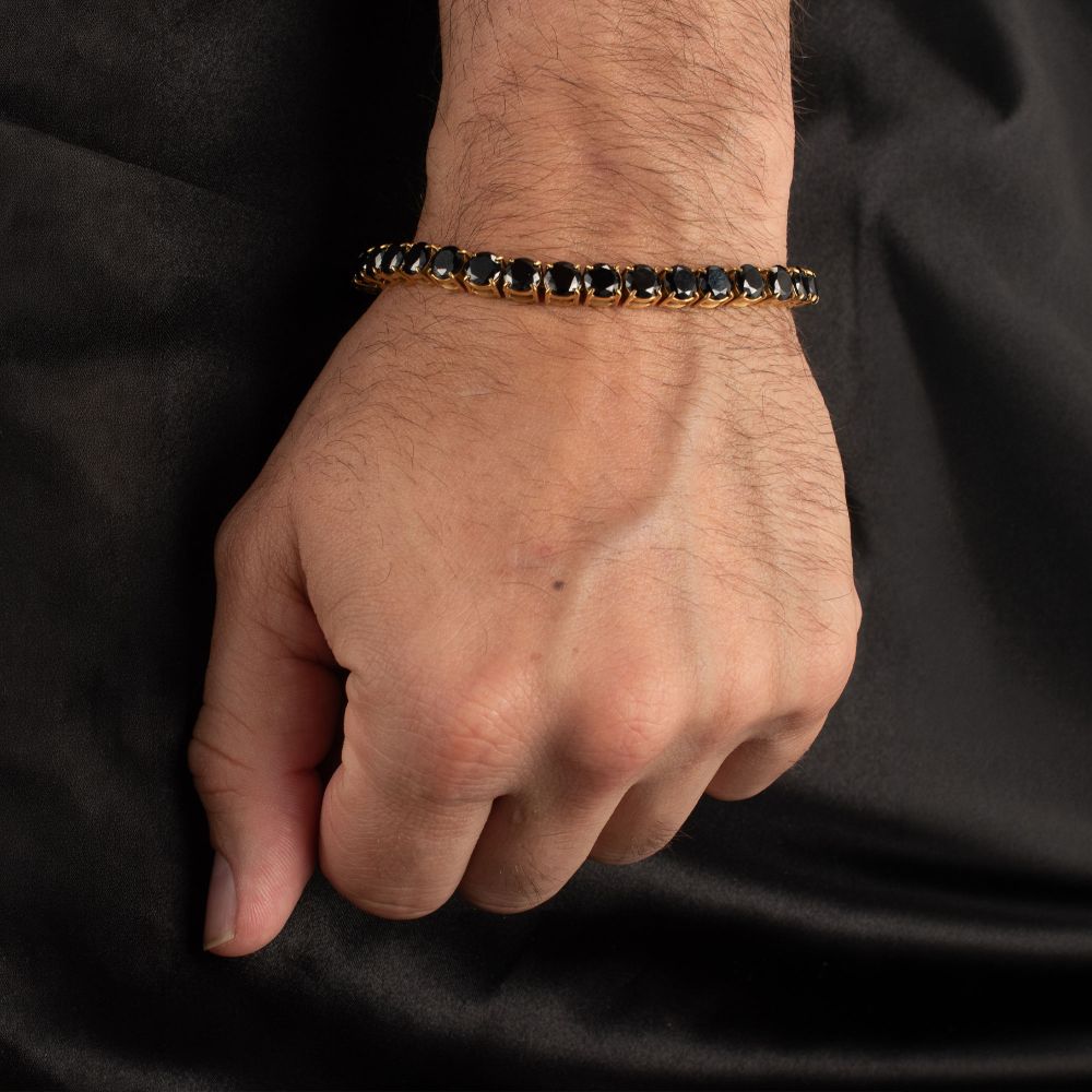 Men's 18K Gold IP Tennis Bracelet with Natural Black Spinel