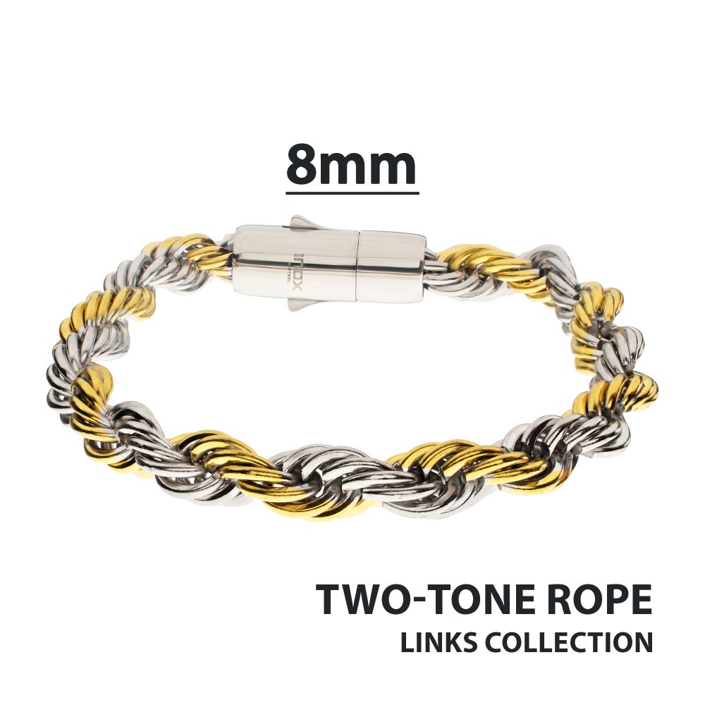 Men's 8mm 18K Gold IP Stainless Steel Two-Tone Rope Chain Bracelet
