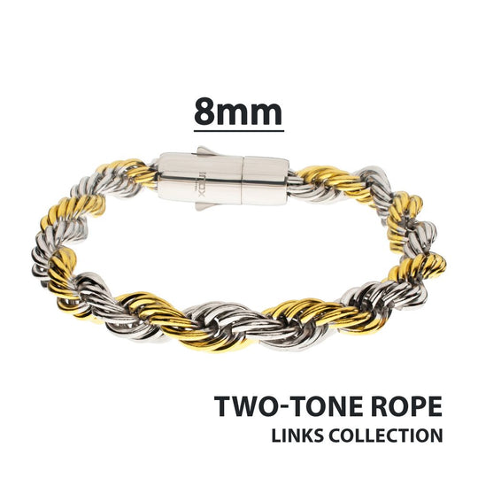 Men's 8mm 18K Gold IP Stainless Steel Two-Tone Rope Chain Bracelet