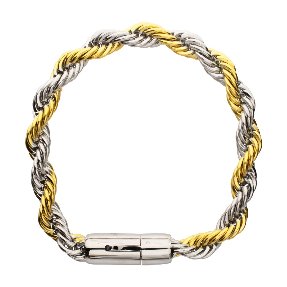Men's 8mm 18K Gold IP Stainless Steel Two-Tone Rope Chain Bracelet