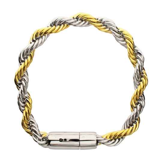 Men's 8mm 18K Gold IP Stainless Steel Two-Tone Rope Chain Bracelet