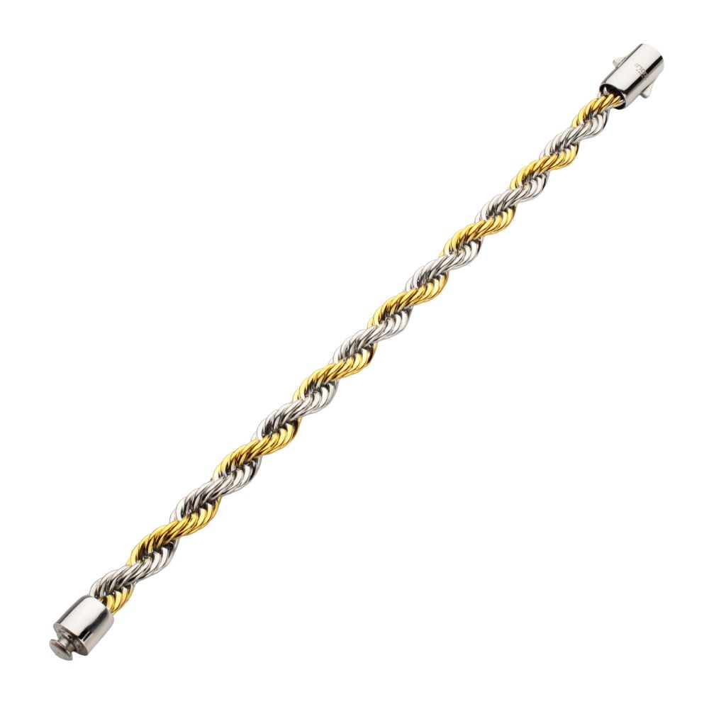 Men's 8mm 18K Gold IP Stainless Steel Two-Tone Rope Chain Bracelet