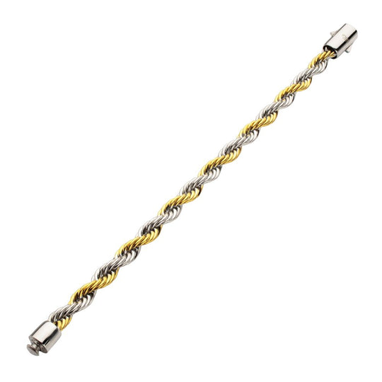 Men's 8mm 18K Gold IP Stainless Steel Two-Tone Rope Chain Bracelet