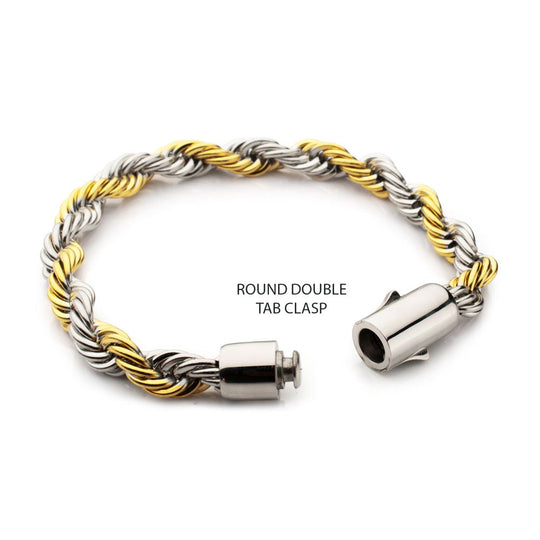 Men's 8mm 18K Gold IP Stainless Steel Two-Tone Rope Chain Bracelet