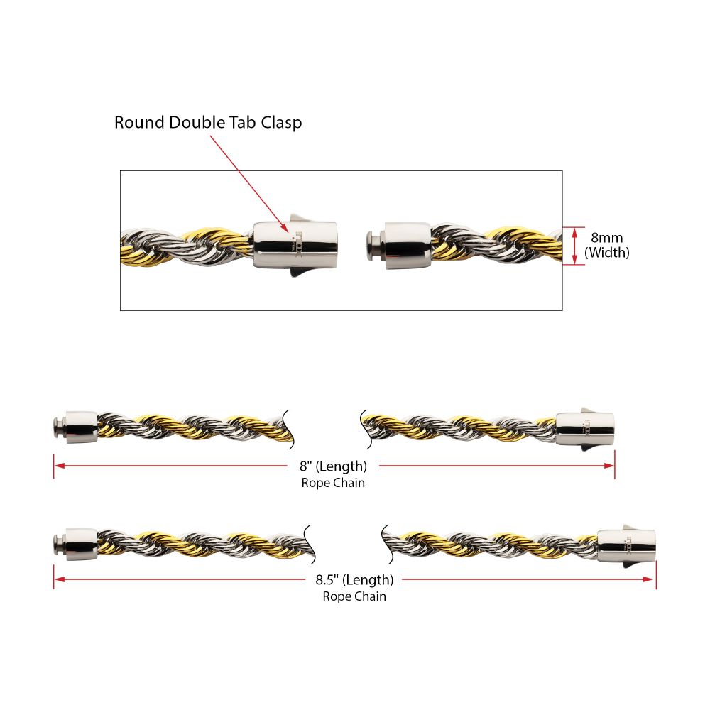 Men's 8mm 18K Gold IP Stainless Steel Two-Tone Rope Chain Bracelet