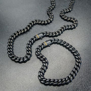 Black IP Steel Matte Finish Miami Cuban Chain Bracelet with Genuine Black Sapphire Gem on 18K Gold IP Double Press Box Clasp