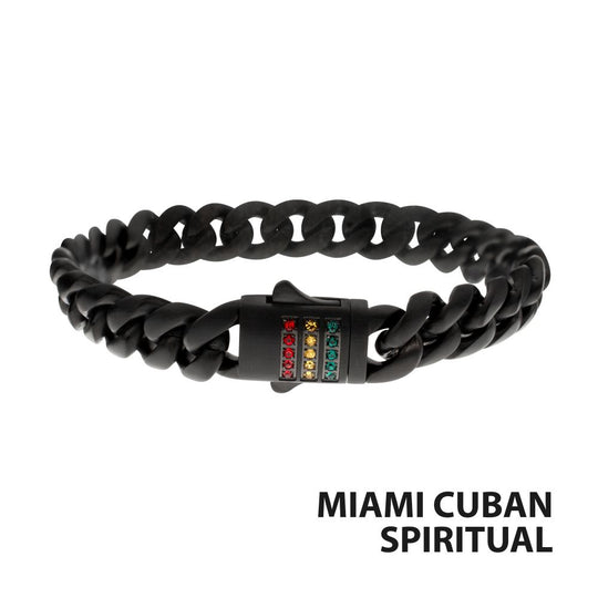 Men's Matte Black Miami Cuban Chain Bracelet with Rainbow Swarovski Zirconia