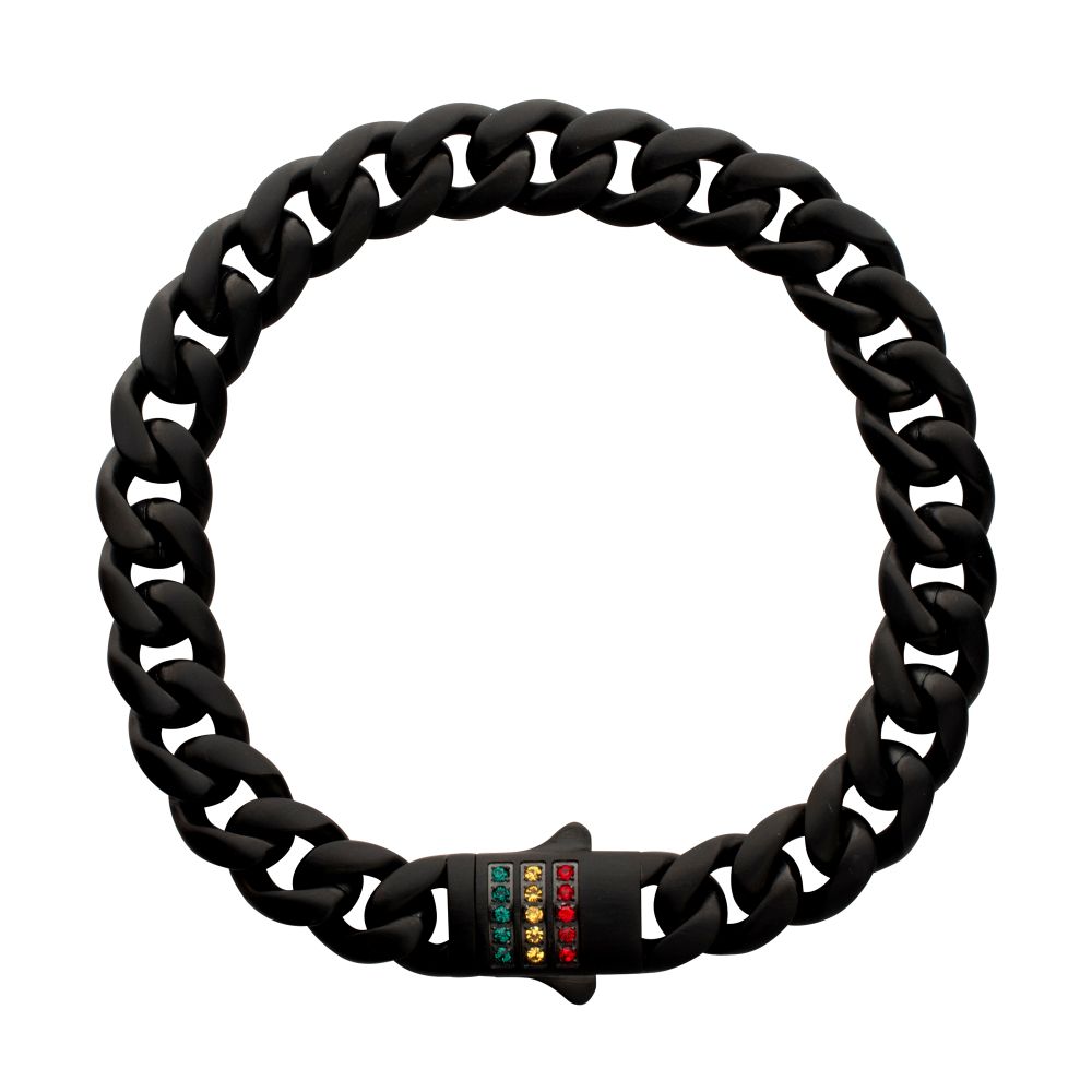 Men's Matte Black Miami Cuban Chain Bracelet with Rainbow Swarovski Zirconia