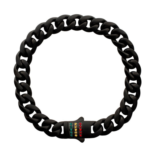Men's Matte Black Miami Cuban Chain Bracelet with Rainbow Swarovski Zirconia