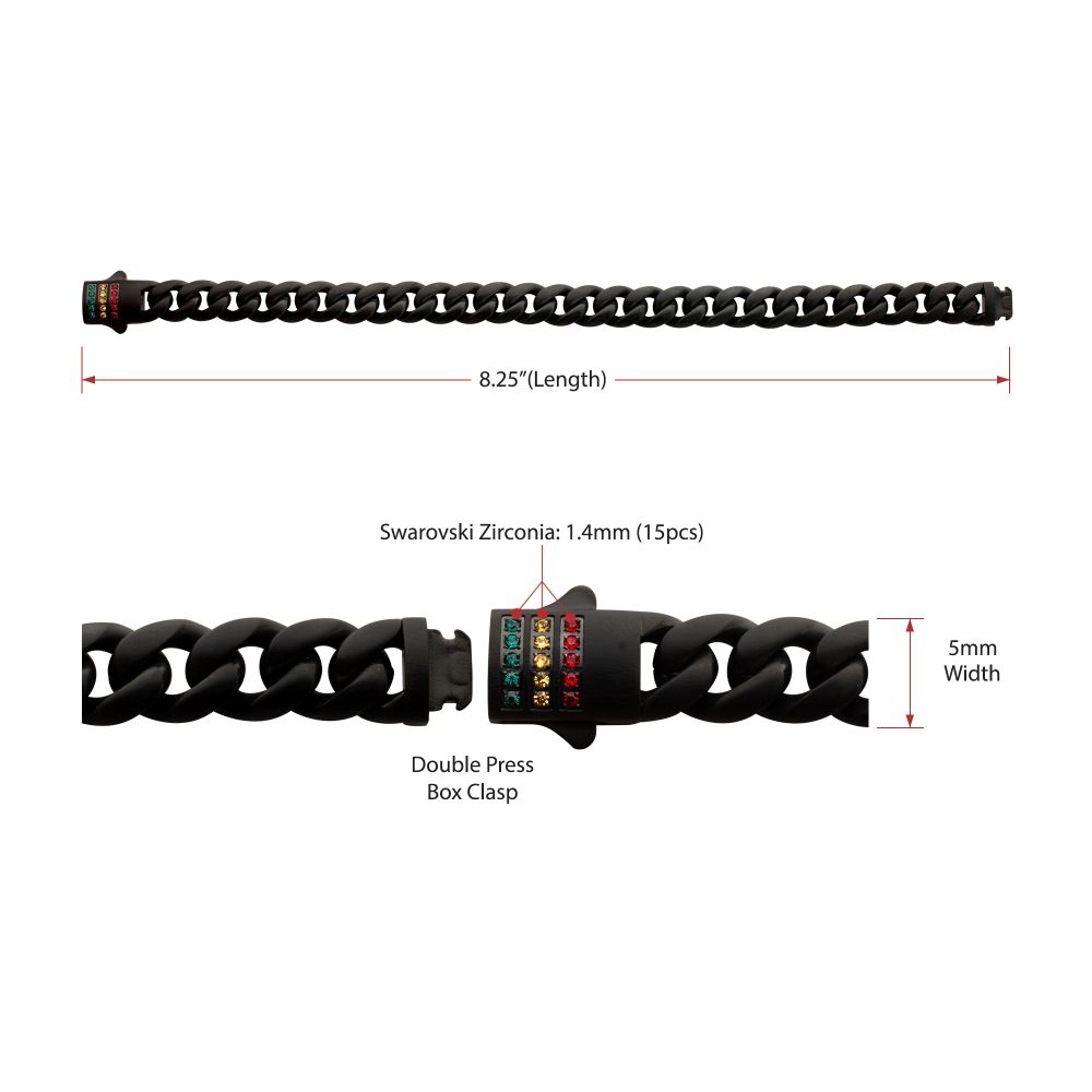 Men's Matte Black Miami Cuban Chain Bracelet with Rainbow Swarovski Zirconia