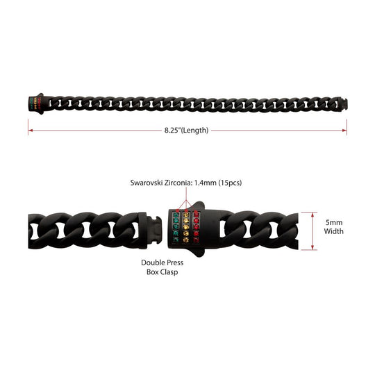 Men's Matte Black Miami Cuban Chain Bracelet with Rainbow Swarovski Zirconia