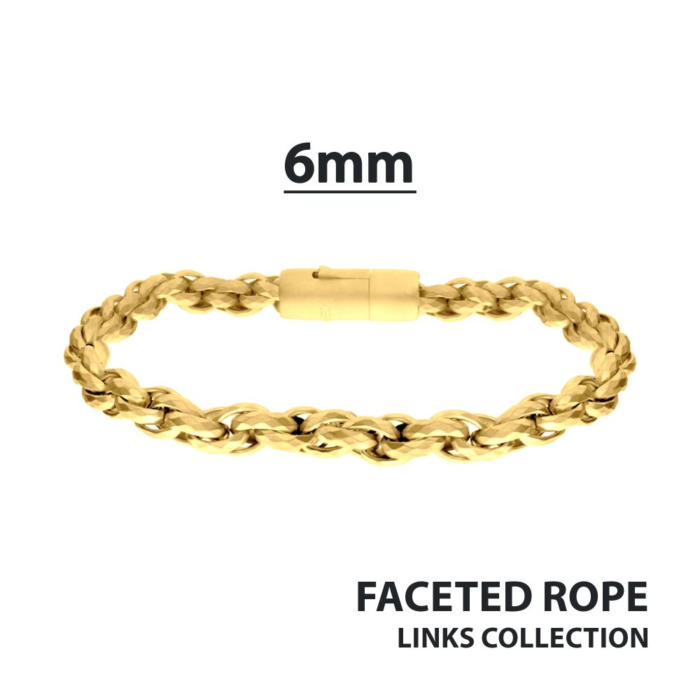 6mm 18Kt Gold IP Matte Finish Stainless Steel Faceted Rope Chain Bracelet