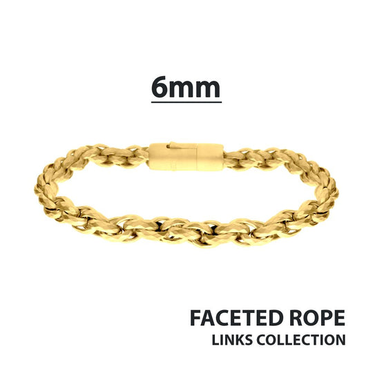 6mm 18Kt Gold IP Matte Finish Stainless Steel Faceted Rope Chain Bracelet
