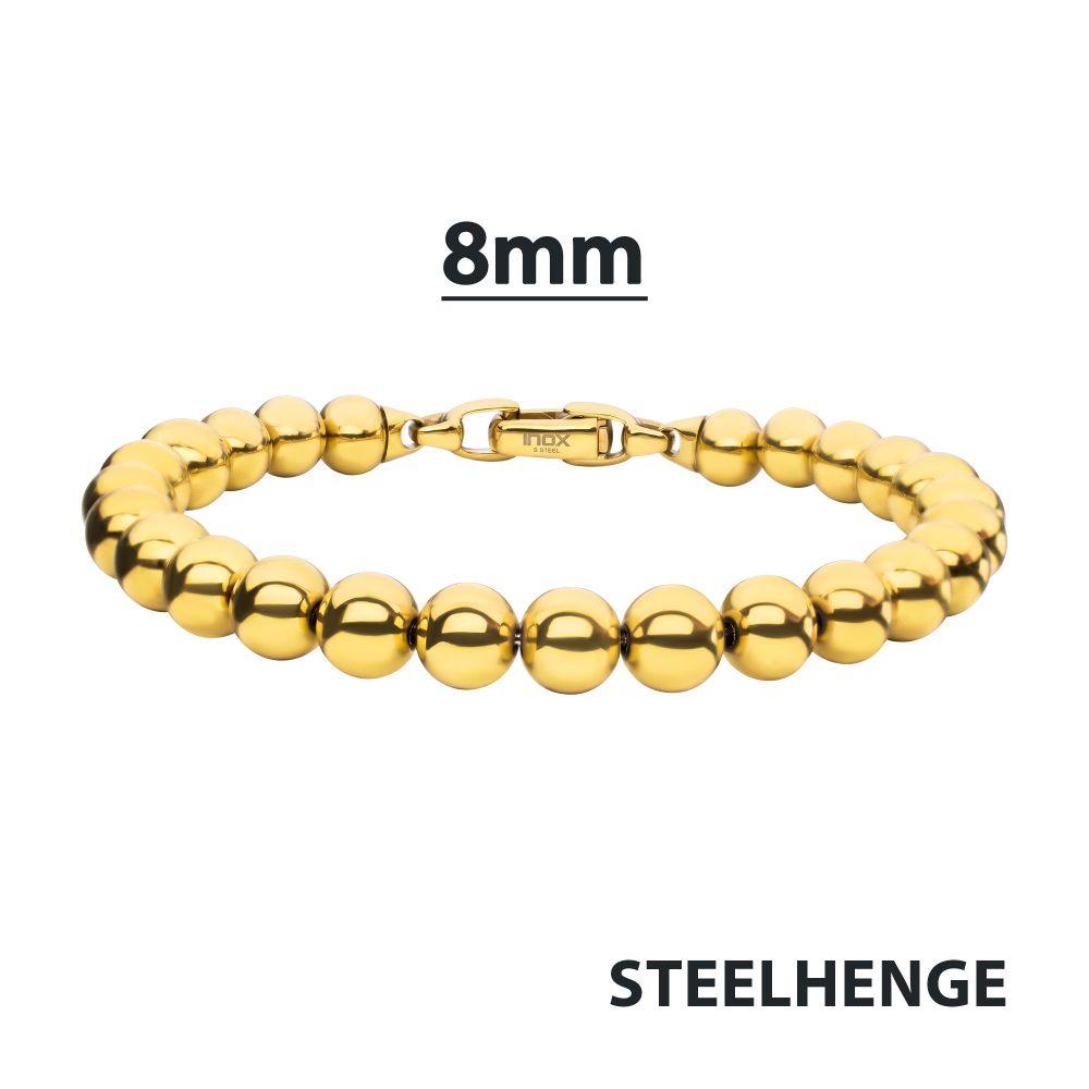 Men's 8mm 18K Gold IP Stainless Steel Bead Bracelet