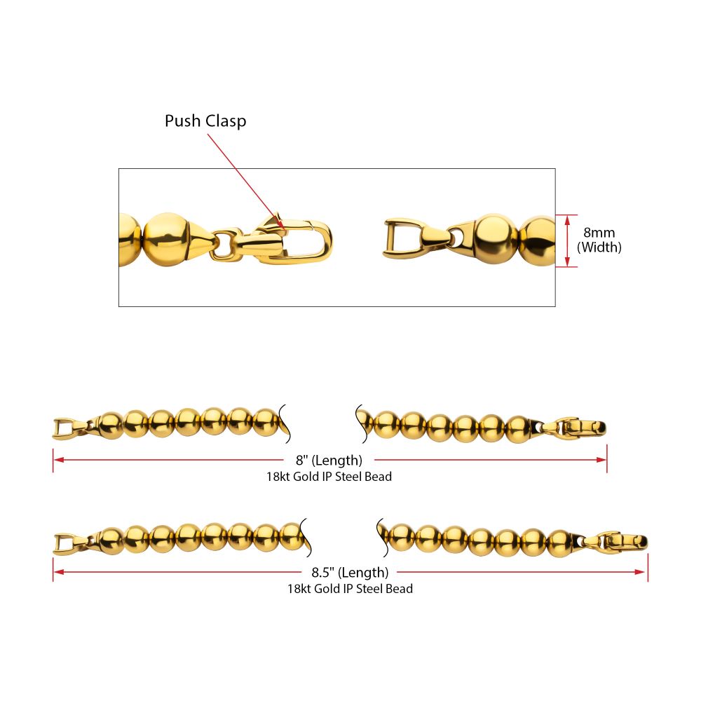 Men's 8mm 18K Gold IP Stainless Steel Bead Bracelet
